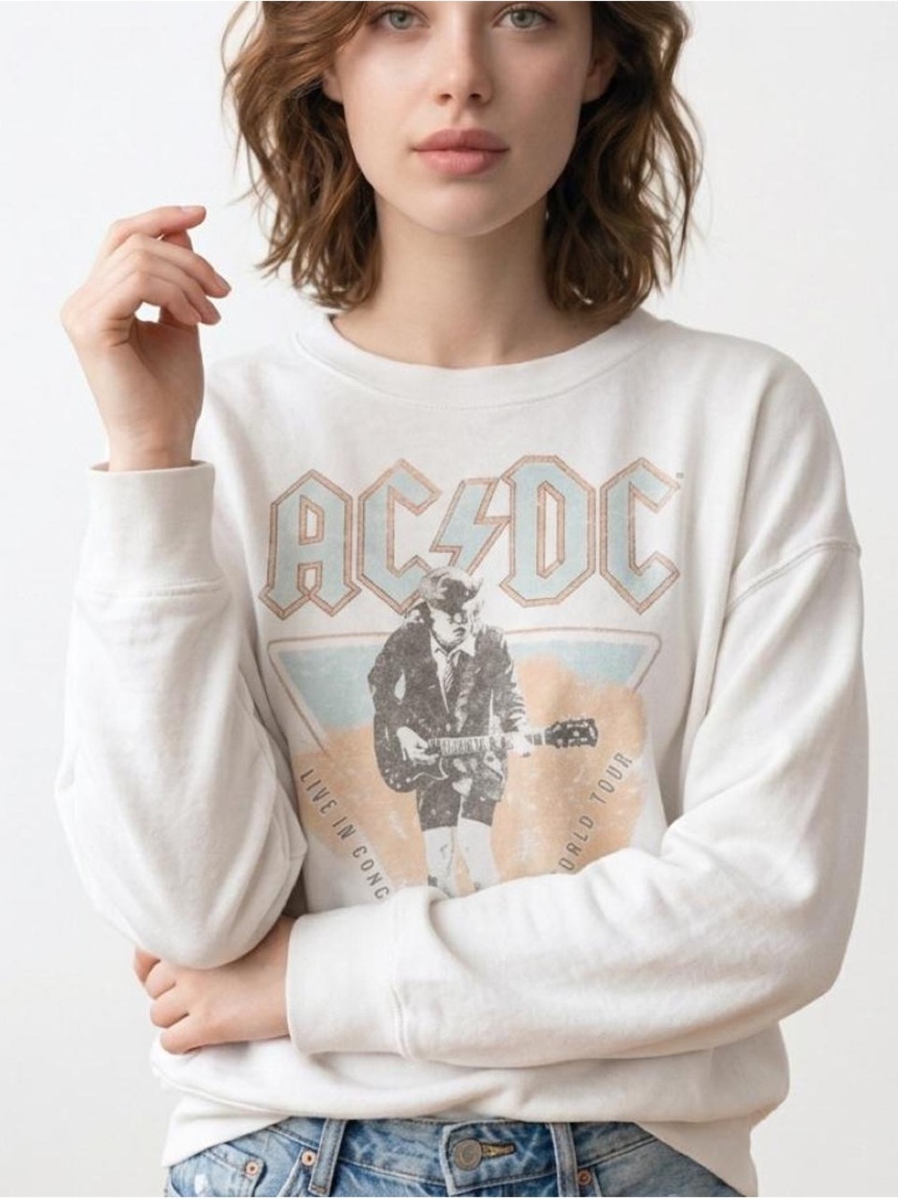 AC/DC Vintage Logo Crewneck Sweatshirt - White with Pastel Accents